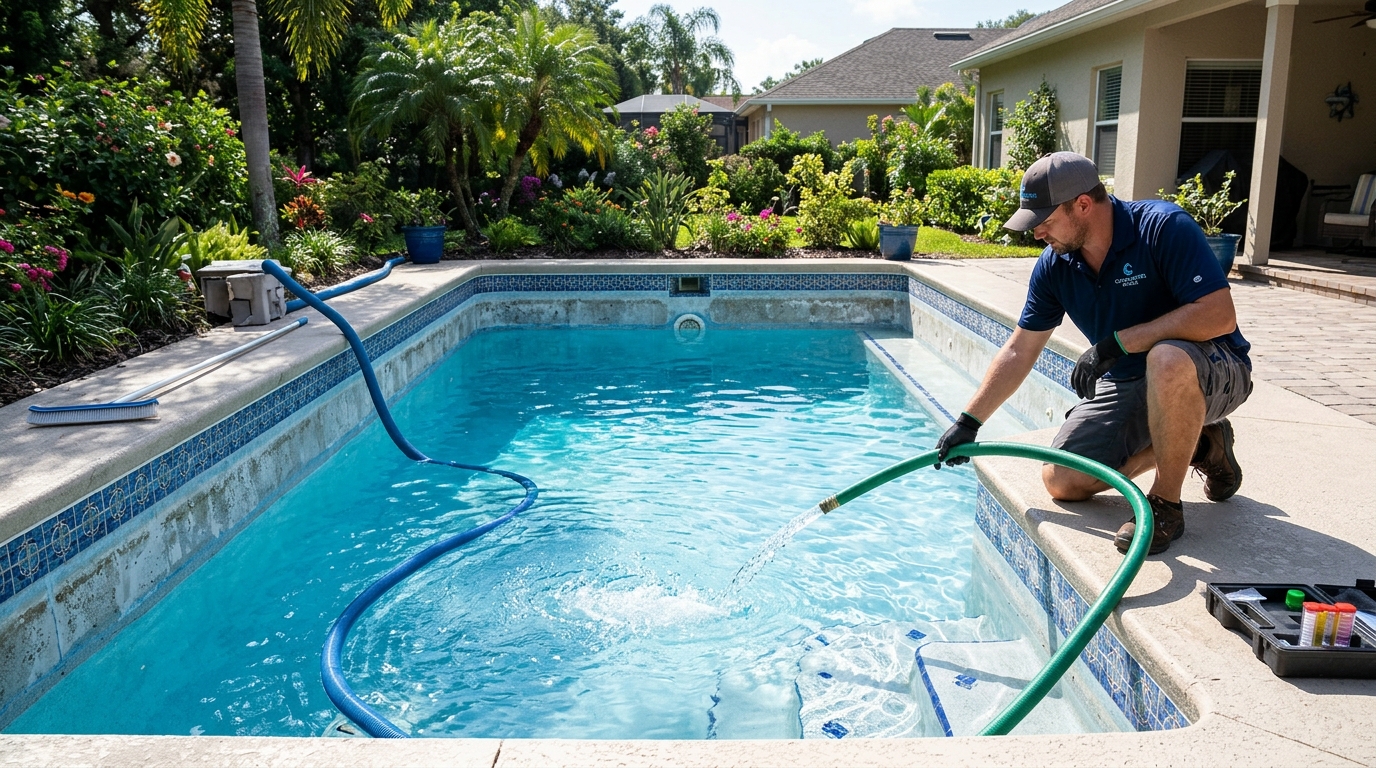 Crystal clear swimming pool with water testing vials