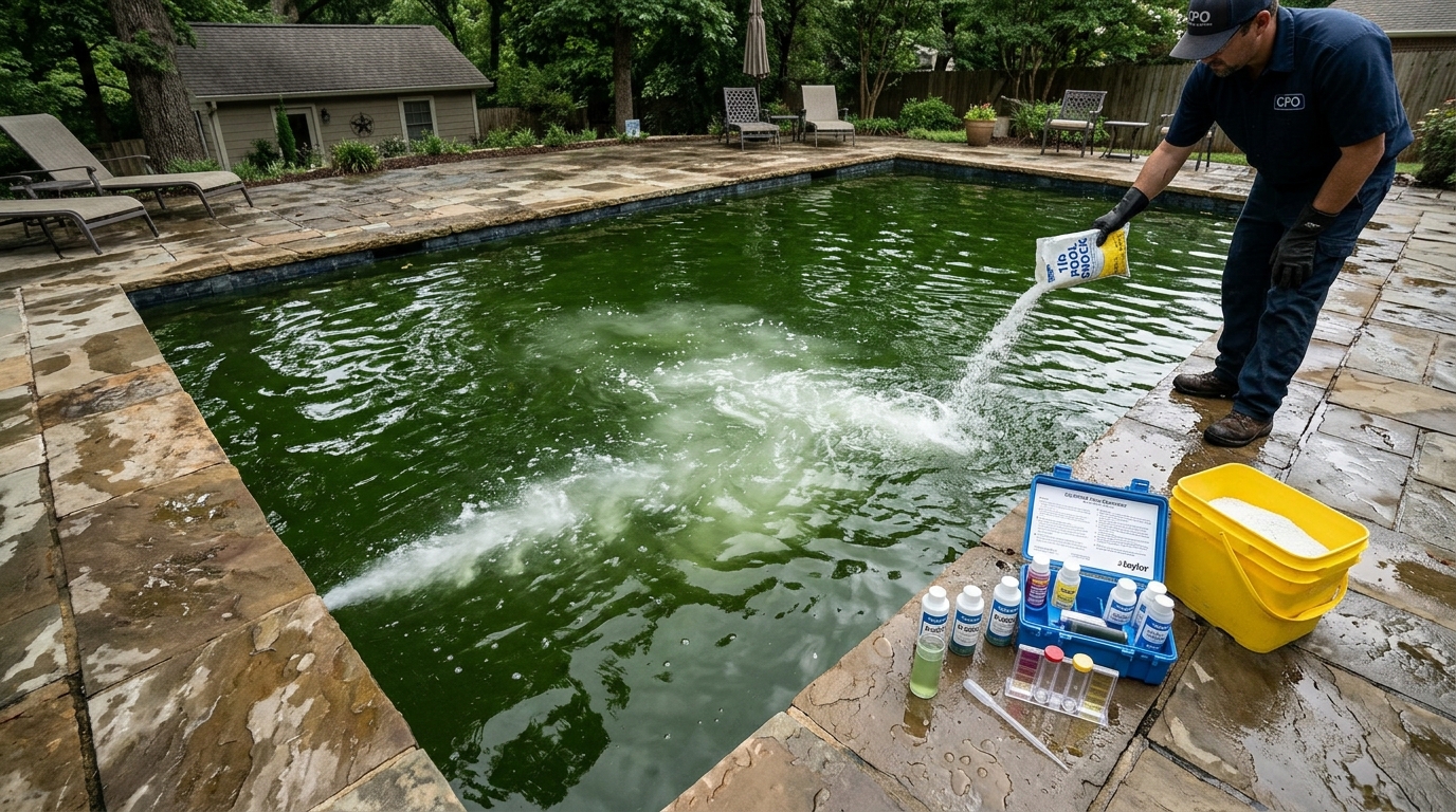 Crystal clear swimming pool water with testing probe